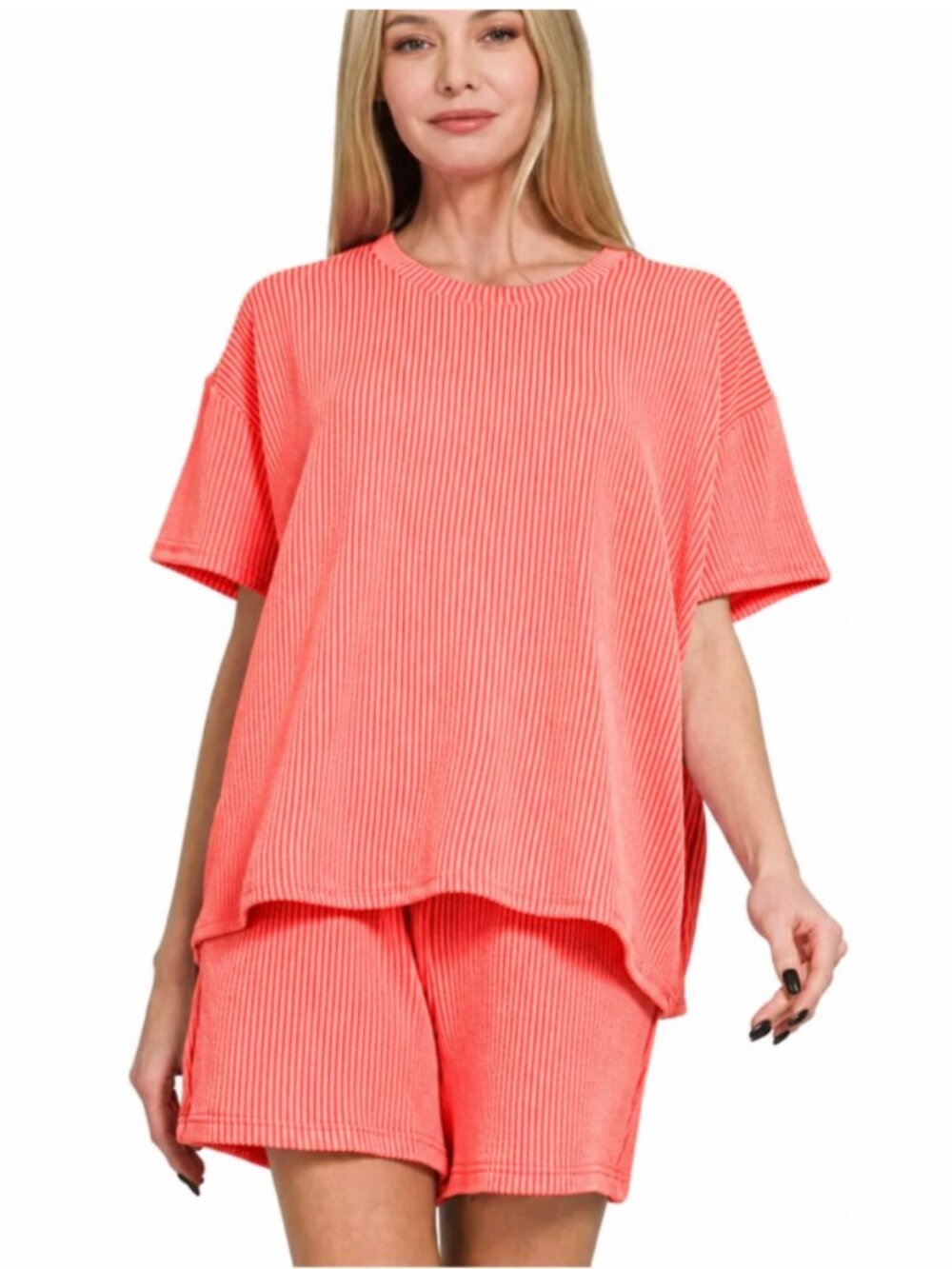 NEW ZENANA Bright Coral RAISED RIB SHORTSLEEVE TEE & SHORT PANTS SET LARGE